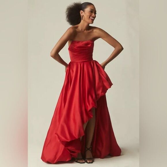 Mac Duggal 11685 Womens‎ Size 8 Red Strapless Ruched High Low Gown Dress Anthro - Picture 3 of 6
